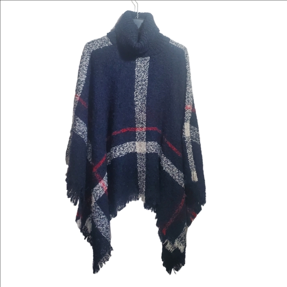 Navy Plaid Turtleneck Sweater Poncho with Fringe NWOT